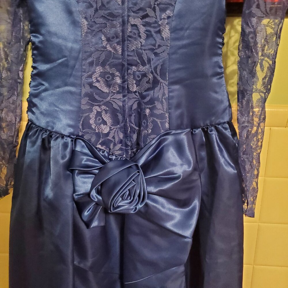 Vintage Royal Blue 80s Long Sleeve Lace A Line Prom Party Dress Women's Size 12 - Picture 8 of 15